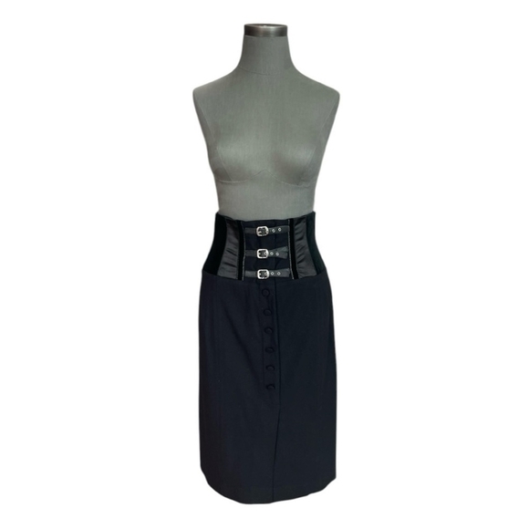 Women Skirt MARIA GRAZIA SEVERI Italian Black Bustier Skirt Front Slit MidiSkirt - Picture 1 of 7